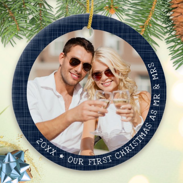 Rustic Navy Blue Frame Photo Mr and Mrs Christmas Ceramic Ornament (Creator Uploaded)