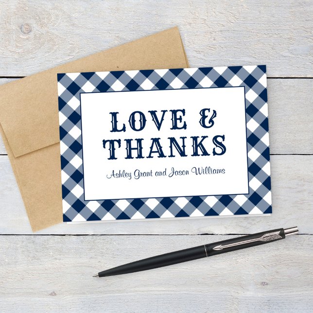 Rustic Navy Blue Gingham Plaid Wedding Monogram Thank You Card (Creator Uploaded)
