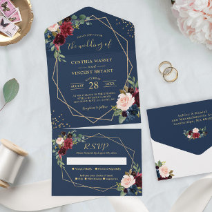 Rustic Navy Blue Gold Geometric Wedding All In One Invitation