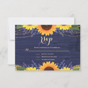 Rustic Navy Blue Gold Lace Sunflower Wedding RSVP