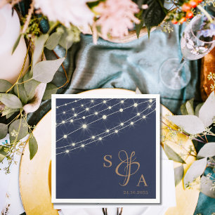 Rustic Navy Blue & Gold String lights  Napkin