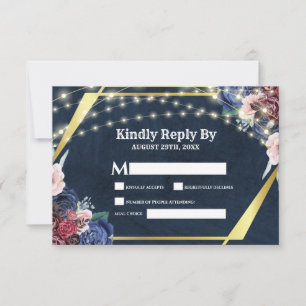 Rustic Navy Blue Gold String Lights Wedding RSVP Card