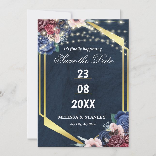 Rustic Navy Blue Gold String Lights Wedding Save The Date (Front)