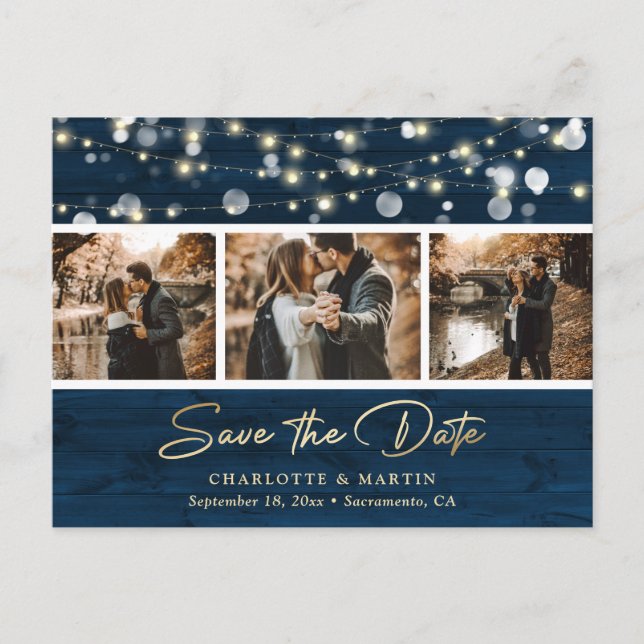 Rustic Navy Blue Gold Wedding Photo Save The Date  Announcement Postcard (Front)