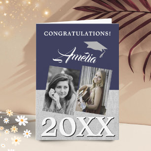 Rustic Navy Blue Graduate 2 Photo Graduation  Card