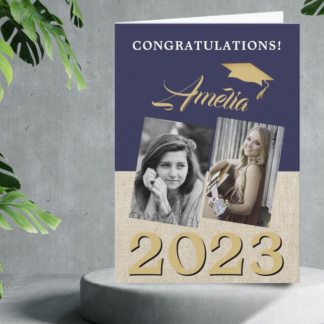 Rustic Navy Blue Graduate 2 Photo Graduation  Card (Creator Uploaded)