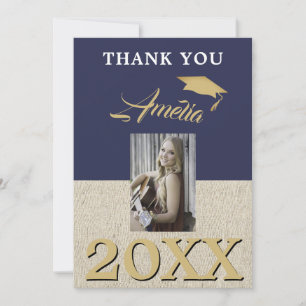 Rustic Navy Blue Graduate 2 Photo Graduation Thank You Card