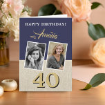 Rustic Navy Blue Happy 40th Birthday 2 Photos Card<br><div class="desc">Rustic Navy Blue Happy 40th Birthday 2 Photos Card. Rustical beige and dark blue background. Add 2 photos on the front - you can add before and after photo.</div>
