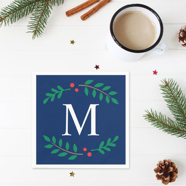 Rustic Navy Blue Holiday Laurel Wreath Monogram Napkin (Creator Uploaded)