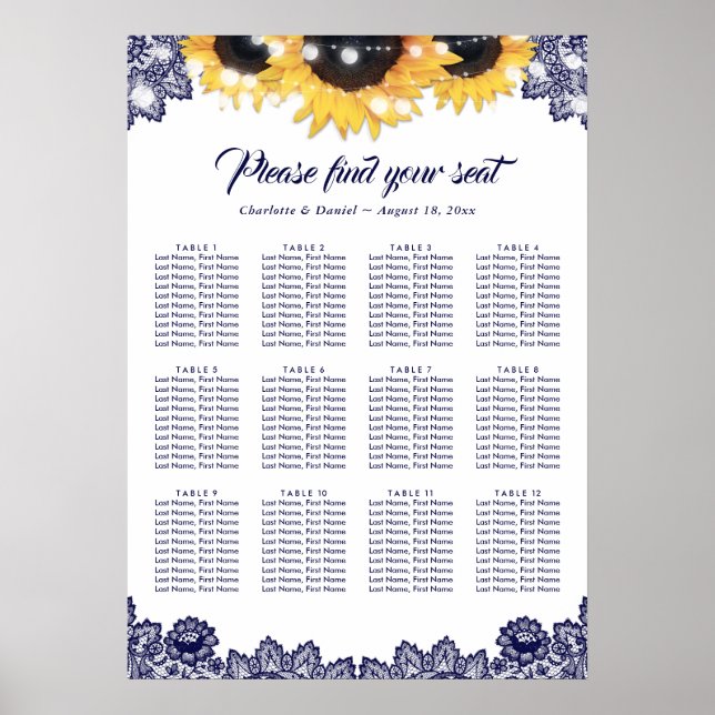 Rustic Navy Blue Lace Sunflower Seating Chart 12 (Front)