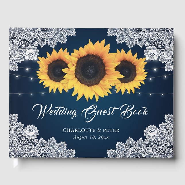 Rustic Navy Blue Lace Sunflower Wedding Guest Book (Front)