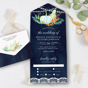 Rustic Navy Blue Lace White Pumpkins Fall Wedding All In One Invitation