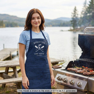 Rustic Navy Blue Lake House Family Name Apron