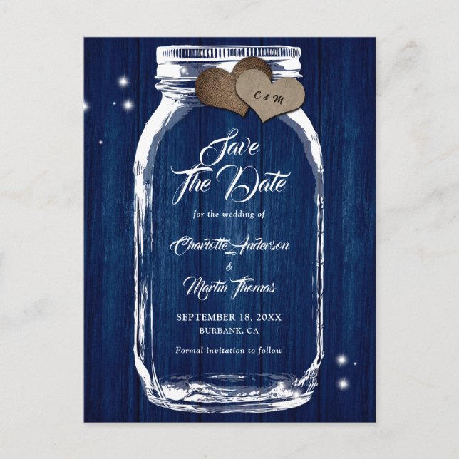 Rustic Navy Blue Mason Jar Wedding Save The Date Announcement Postcard (Front)