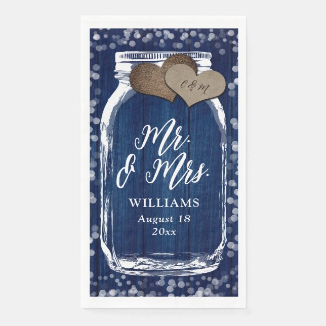 Rustic Navy Blue Mason Jar Wood Mr. & Mrs. Wedding Napkin (Front)