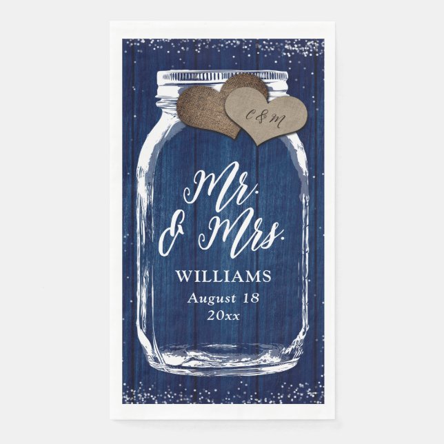 Rustic Navy Blue Mason Jar Wood Mr. & Mrs. Wedding Napkin (Front)