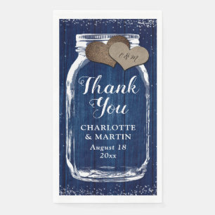 Rustic Navy Blue Mason Jar Wood Thank You Wedding Napkin
