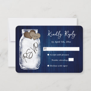 Rustic Navy Blue Mason Jar Wood Wedding RSVP Card