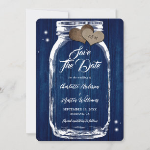 Rustic Navy Blue Mason Jar Wood Wedding Save The Date