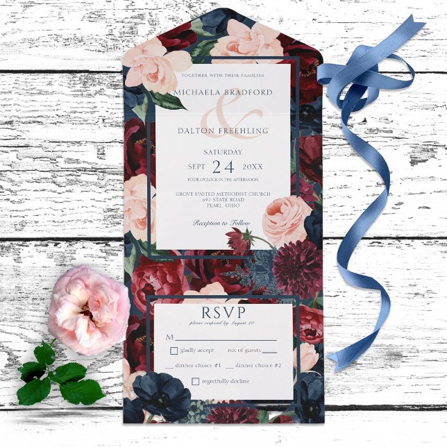 Rustic Navy Blue Peach & Burgundy Floral Dinner All In One Invitation (Creator Uploaded)