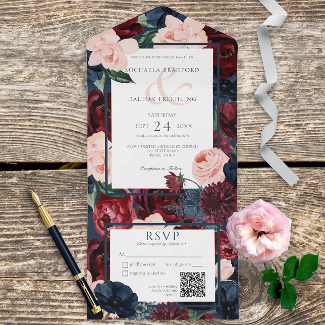 Rustic Navy Blue Peach & Burgundy Floral QR Code All In One Invitation (Creator Uploaded)
