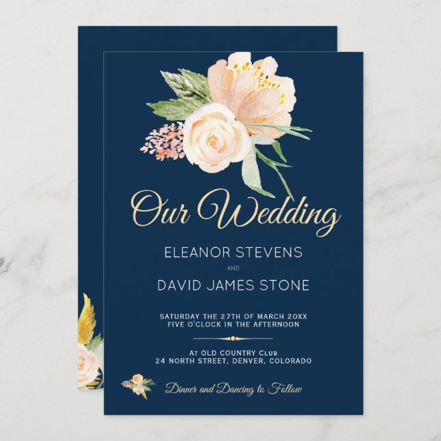 Rustic navy blue peach peonies bouquet wedding invitation (Front/Back)