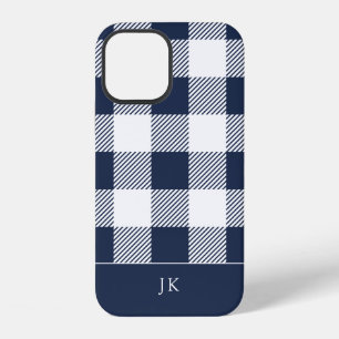 Rustic Navy Blue Plaid Pattern Monogram iPhone 12 Case