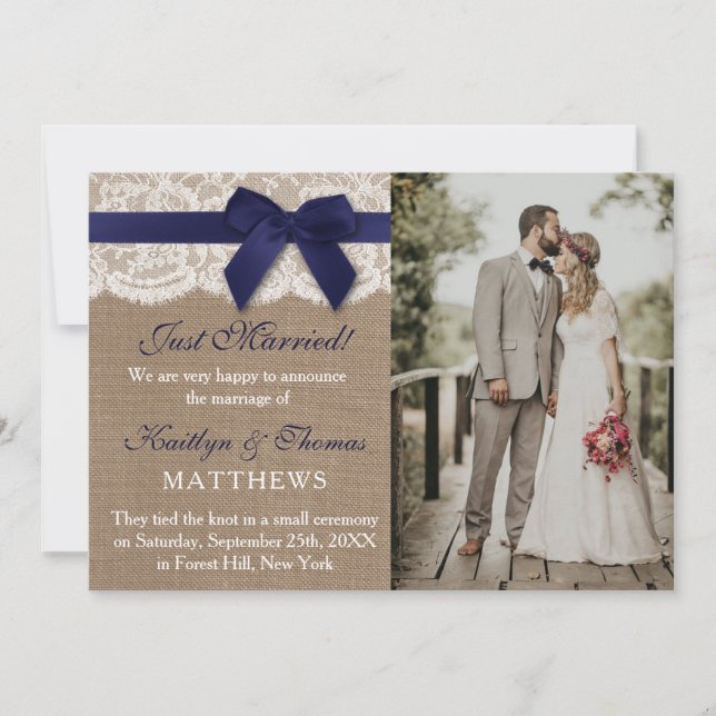 Rustic Navy Blue Ribbon Wedding Photo Marriage Announcement (Front)