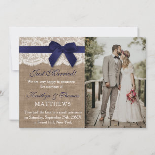 Rustic Navy Blue Ribbon Wedding Photo Marriage Announcement