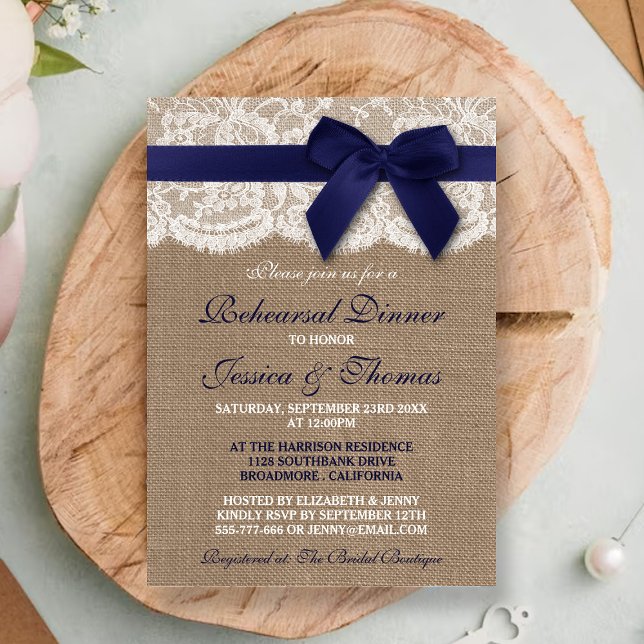 Rustic Navy Blue Ribbon Wedding Rehearsal Dinner Invitation (Creator Uploaded)