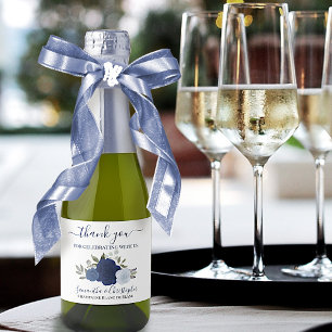 Rustic Navy Blue Roses Wedding Thank You Mini Sparkling Wine Label