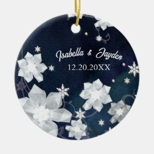 Rustic Navy Blue Snowy Winter Wedding Keepsake Ceramic Tree Decoration