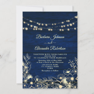 Rustic Navy Blue String Lights Floral Wedding Invitation