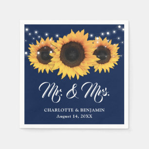 Rustic Navy Blue String Lights Sunflower Wedding Napkin