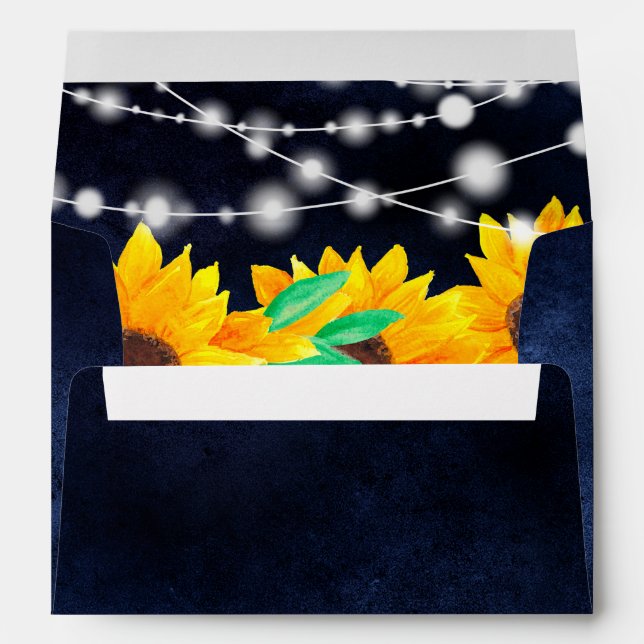 Rustic navy blue string lights sunflowers address envelope (Back (Bottom))