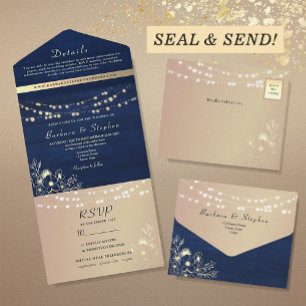 Rustic Navy Blue String Lights Wedding All In One Invitation