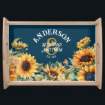 Rustic Navy Blue Sunflower Custom Wedding Gift Serving Tray<br><div class="desc">Celebrate the newlyweds' special day with this charming Rustic Navy Blue Sunflower Custom Wedding Gift Serving Tray. This unique piece combines the traditional beauty of sunflowers with a touch of rustic elegance in a stunning navy blue hue. The personalised design allows you to customise the tray with the names of...</div>