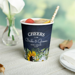 Rustic Navy Blue Sunflower Daisy  Paper Cups