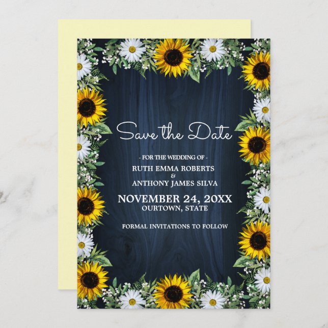 Rustic Navy Blue Sunflower|Daisy Save the Date Invitation (Front/Back)