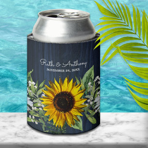 Rustic Navy Blue Sunflower Daisy Wedding Favour Can Cooler