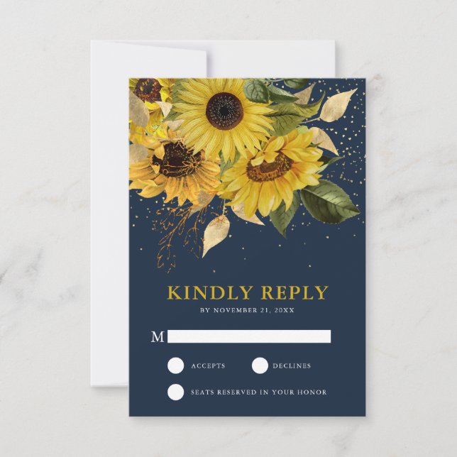 Rustic Navy Blue Sunflower Floral Wedding RSVP Card (Front)