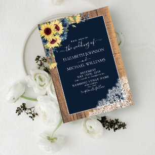 Rustic Navy Blue Sunflower Lace Script Wedding Invitation