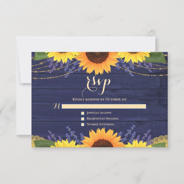 Rustic Navy Blue Sunflower Lavender Wedding RSVP Card (Front)