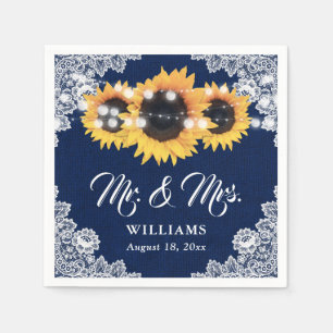 Rustic Navy Blue Sunflower Mr and Mrs Wedding Napkin