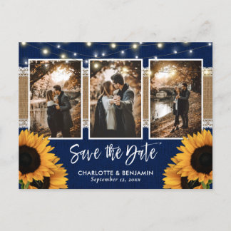 Rustic Navy Blue Sunflower Photo Save The Date Announcement Postcard