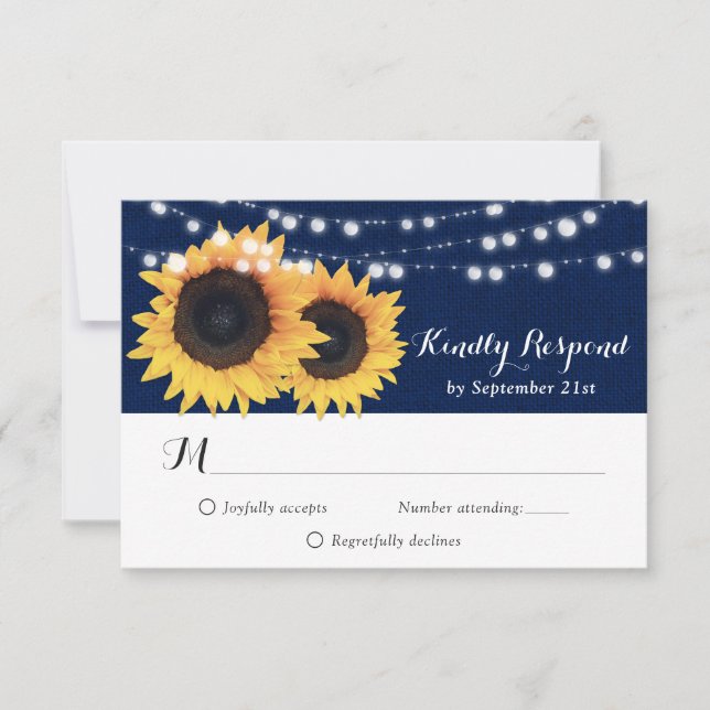 Rustic Navy Blue Sunflower RSVP Card (Front)