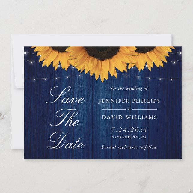 Rustic Navy Blue Sunflower Save The Date Cards (Front)