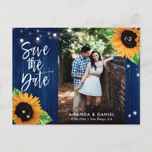 Rustic Navy Blue Sunflower Save The Date Postcard (Front)