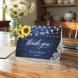 Rustic Navy Blue Sunflower String Lights Lace Thank You Card