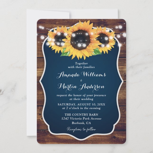 Rustic Navy Blue Sunflower String Lights Wedding Invitation (Front)